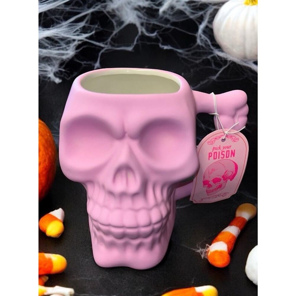 Sunday Morning Pink Skull Soft Touch Sculpted Ceramic Mug Coffee Cup Halloween